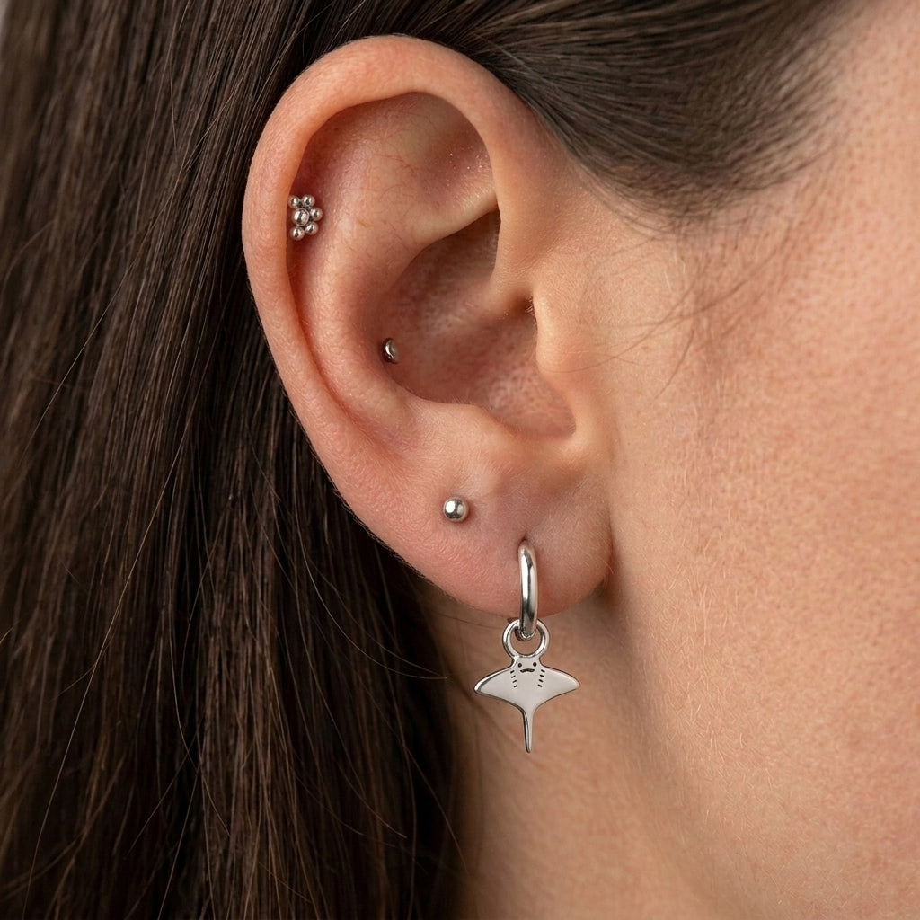 Mismatched Kawaii Hammerhead Shark and Manta Ray Huggie Hoop Earrings in Sterling Silver, Gold or Rose Gold,  Asymmetric and Detachable