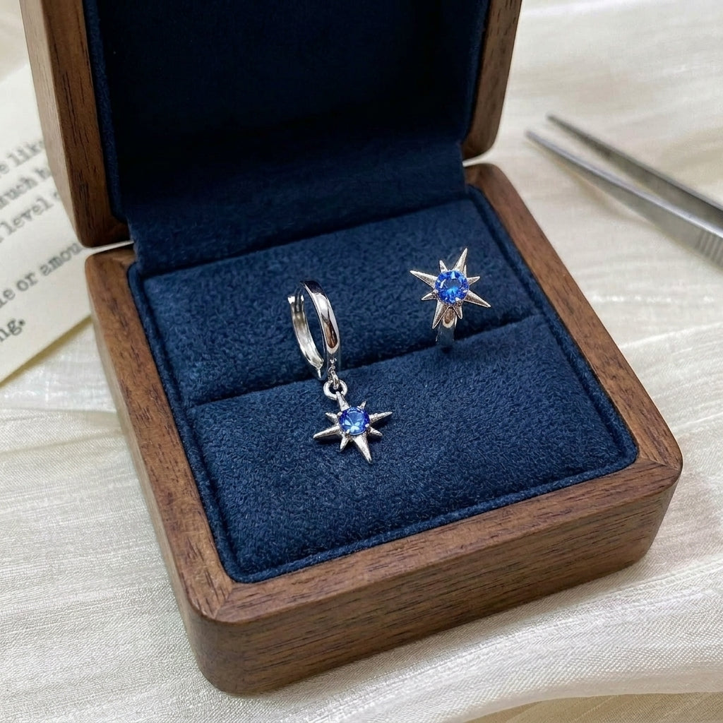 Tiny CZ Starburst Huggie Hoop Earrings in Sterling Silver, Silver, Gold or Rose Gold, North Star Earrings, Sunburst Earrings, Celestial