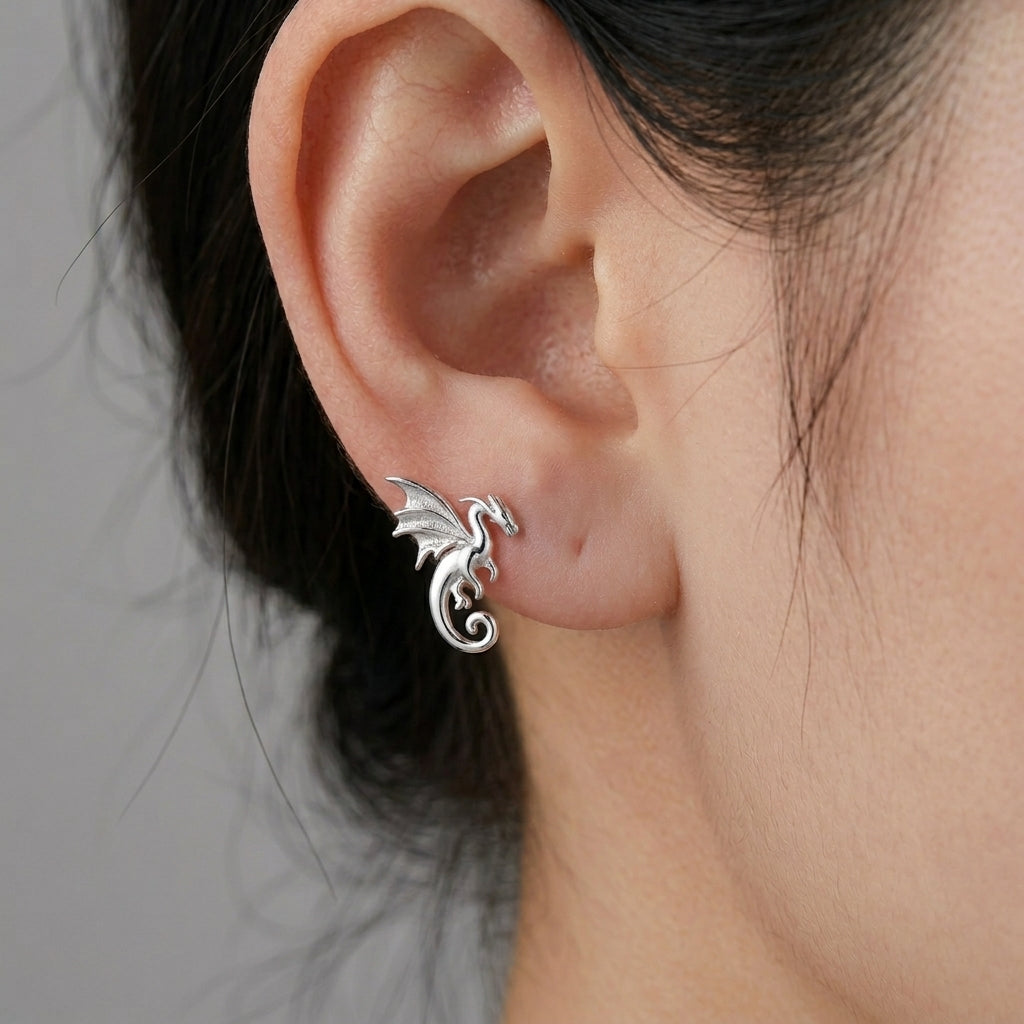 Extra Small Dragon Stud Earrings in Sterling Silver, Silver or Gold or Rose Gold, Sterling Silver Dragon Earrings, Small Dragon Stud