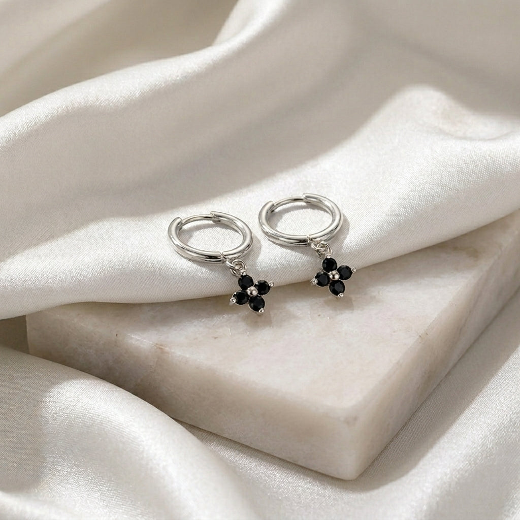 Extra Tiny Hydrangea Flower CZ Huggie Hoop Earrings in Sterling Silver, Silver or Gold, Green, Blue, Pink, Purple or Clear CZ