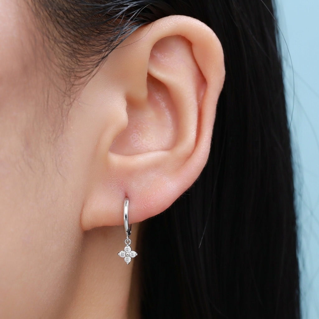 Extra Tiny Hydrangea Flower CZ Huggie Hoop Earrings in Sterling Silver, Silver or Gold, Green, Blue, Pink, Purple or Clear CZ