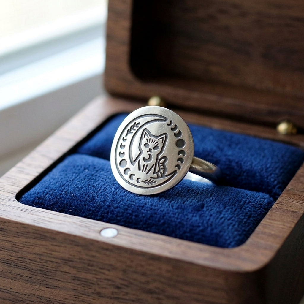 Sterling Silver Cat Moon Ring