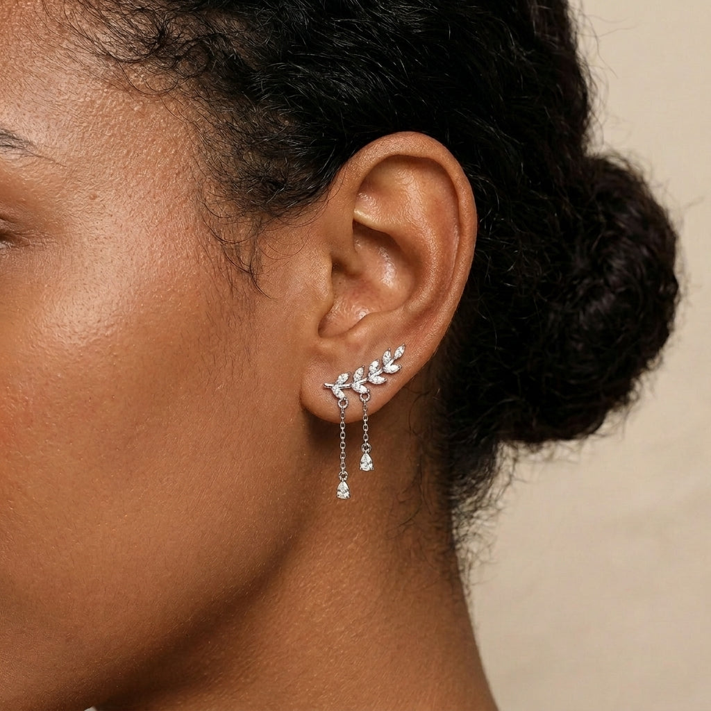 CZ Leaf Crawler Earrings Sterling Silver