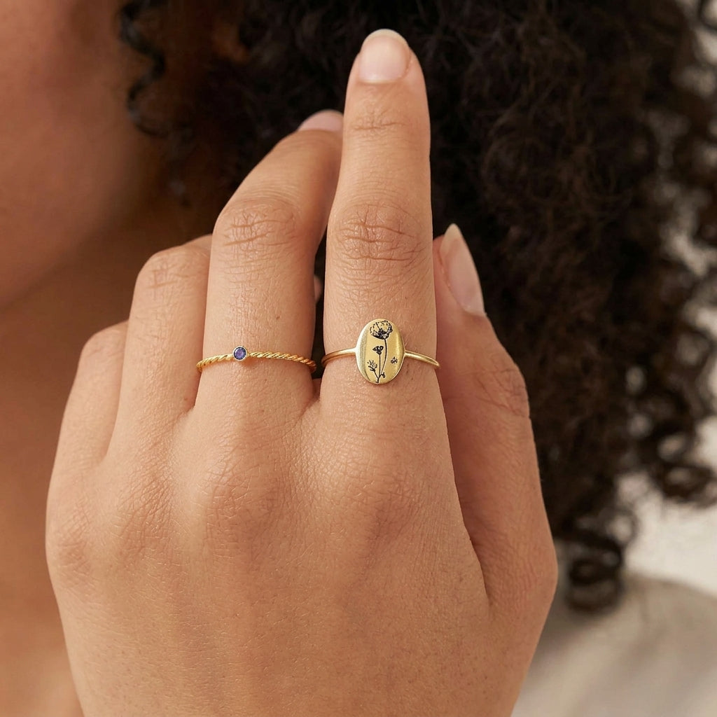 Birth Flower Gold colored Signet Ring