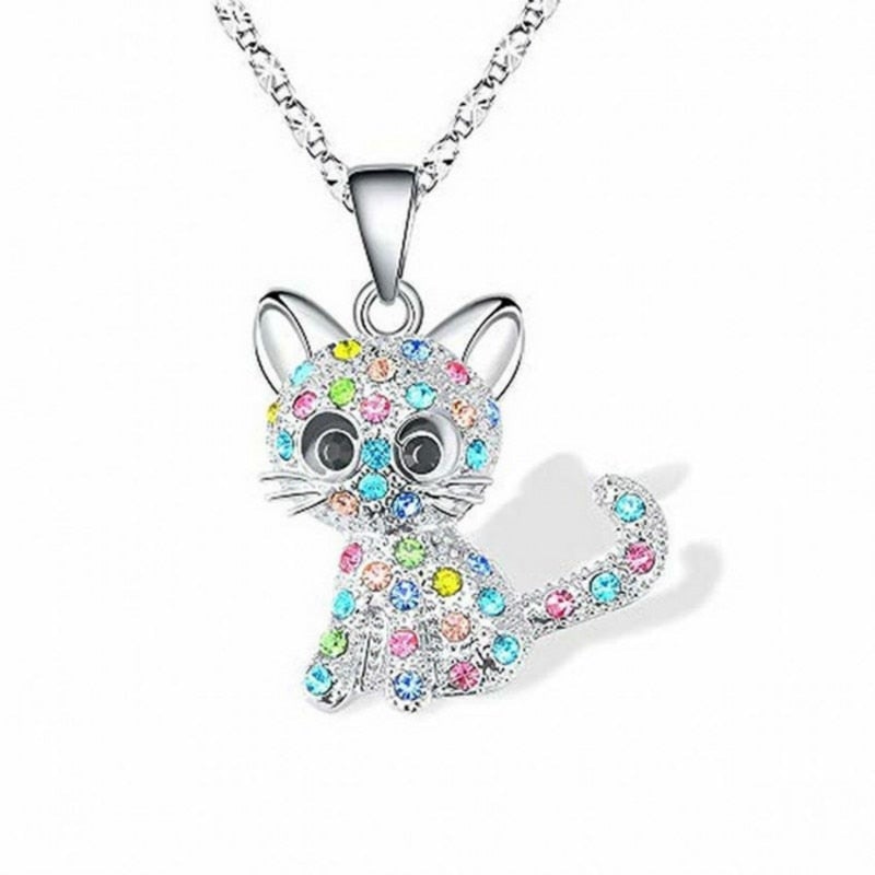Silver Baby Kittens And Coloured Zirconia Necklace