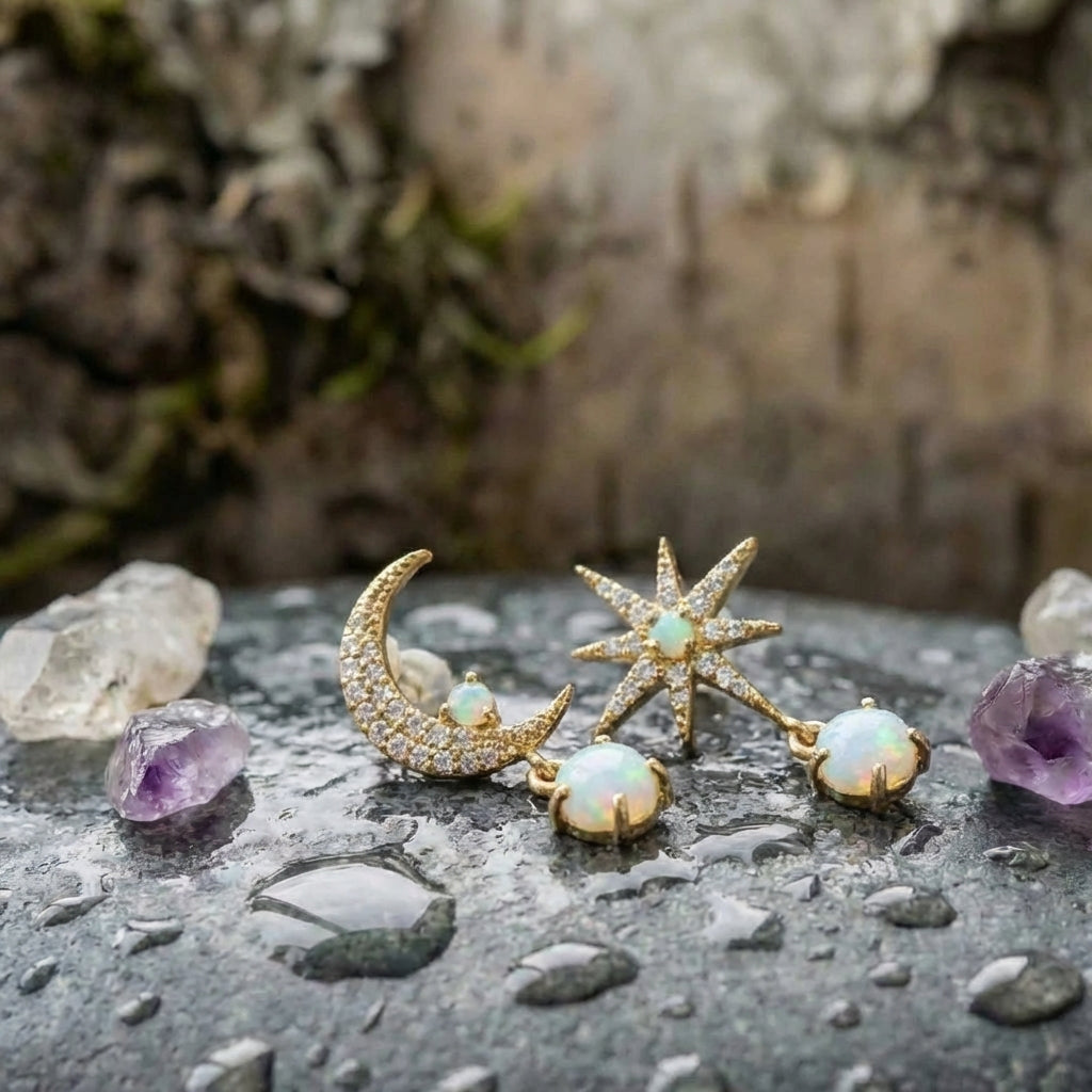 Moon And Star Earrings Made Of Gold And Opal