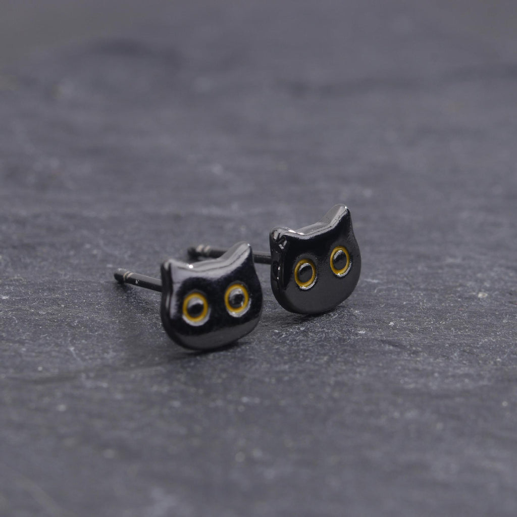 Black Cat Stud Earrings in Sterling Silver, Black Rhodium Coated Cat Earrings, Cute Cat Earrings, Silver Cat Earrings, Nature Inspired