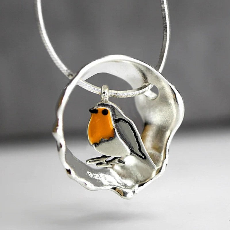 Vintage Artisan Silver Robin Bird Charm Necklace