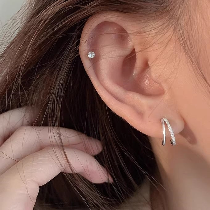 Double Hoop Effect Earrings in Sterling Silver, CZ Pave Hoop Earrings, Silver, Gold, Rose Gold, Dainty and Delicate