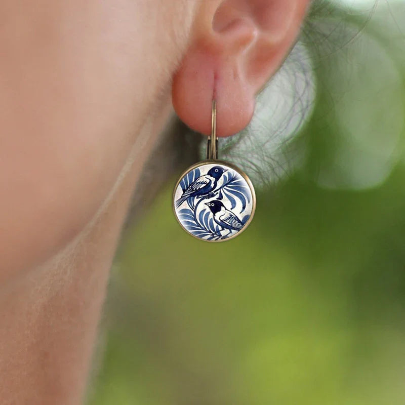 Vintage Blue Magpie Glass Dome Earrings