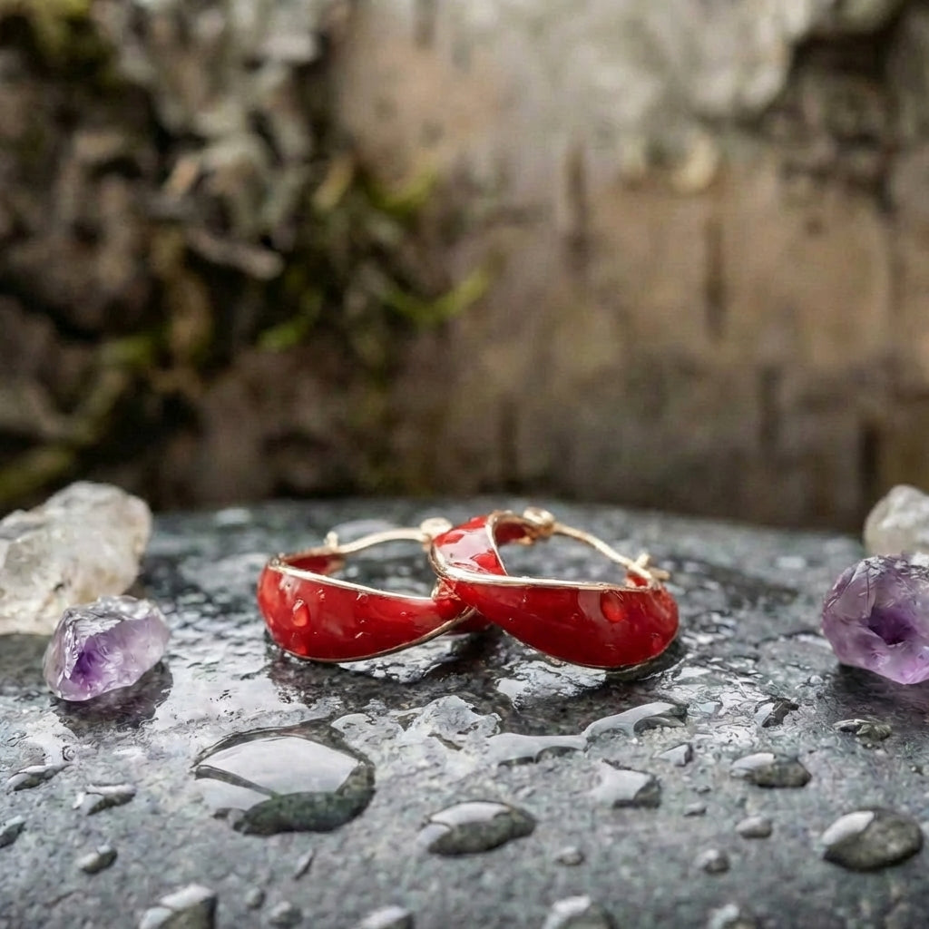 Red Hoop Rose Gold Earrings