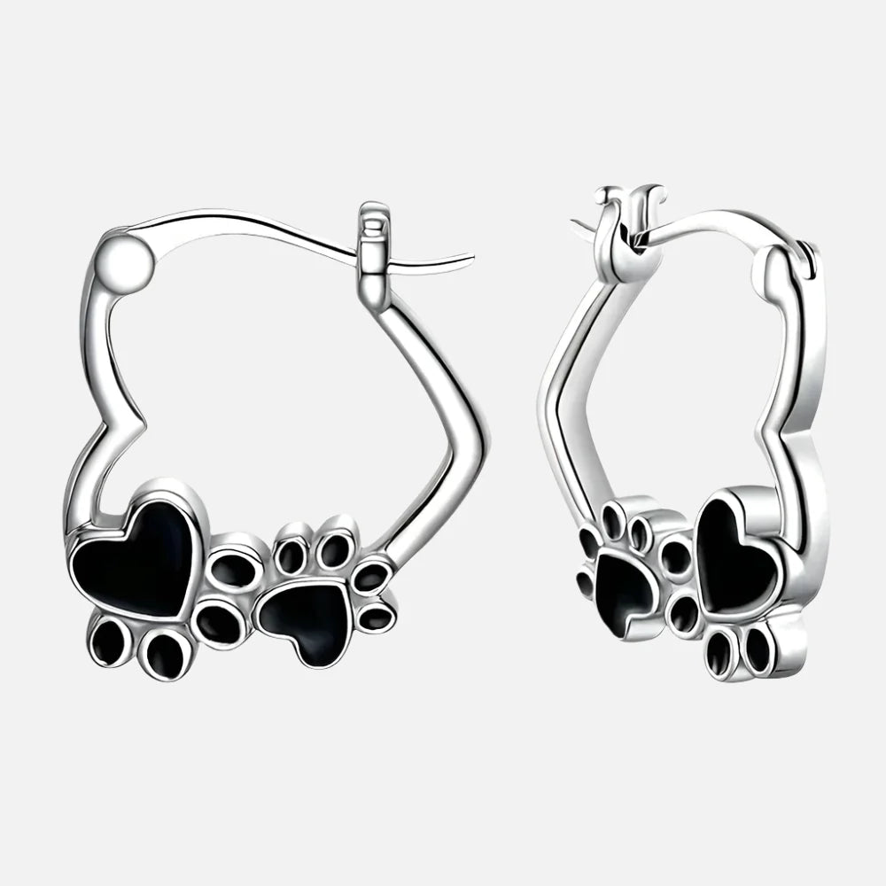Heart Paw Huggie Earrings With Black Enamel