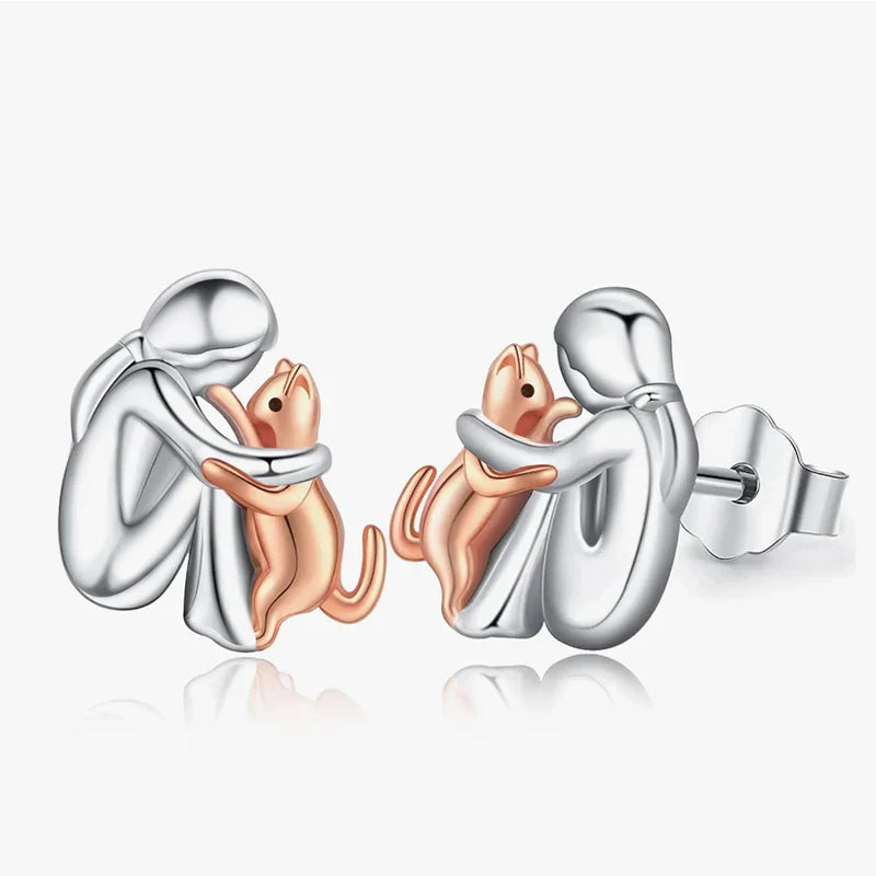 Silver And Gold Two-Tone Cat Hug Earrings