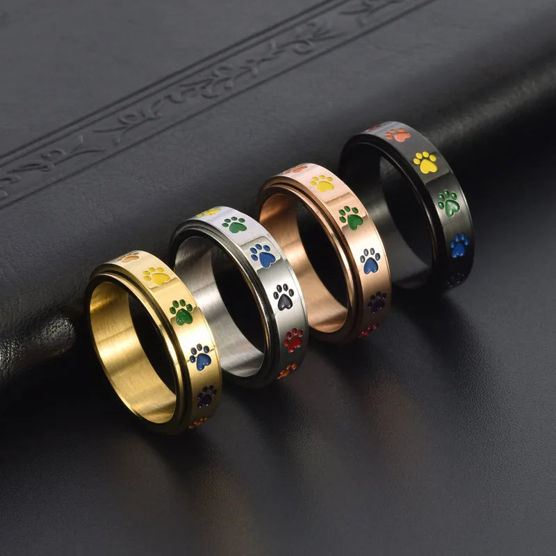 Spinning Stress Reducing Paw Ring – Stainless Steel With Rainbow Paws