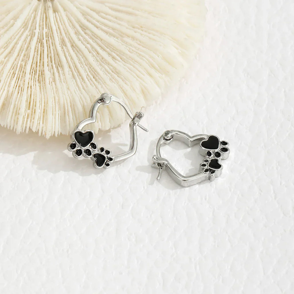 Heart Paw Huggie Earrings With Black Enamel