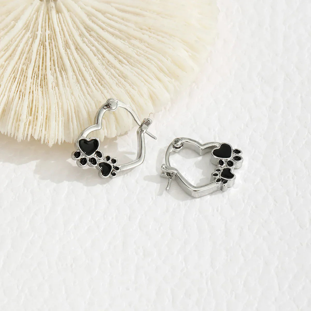 Heart Paw Huggie Earrings With Black Enamel