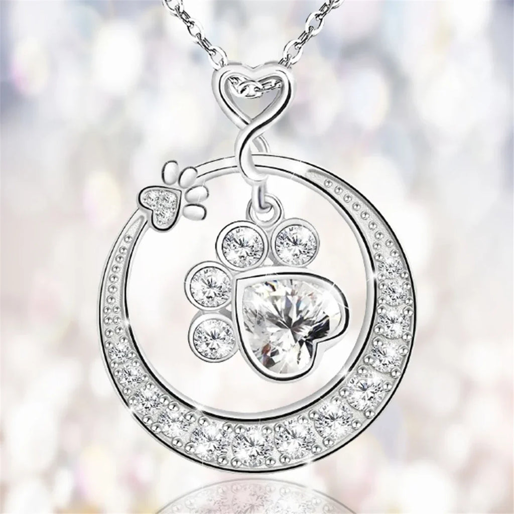 Cute Paw Print Necklace In 925 Sterling Silver With Cubic Zirconia
