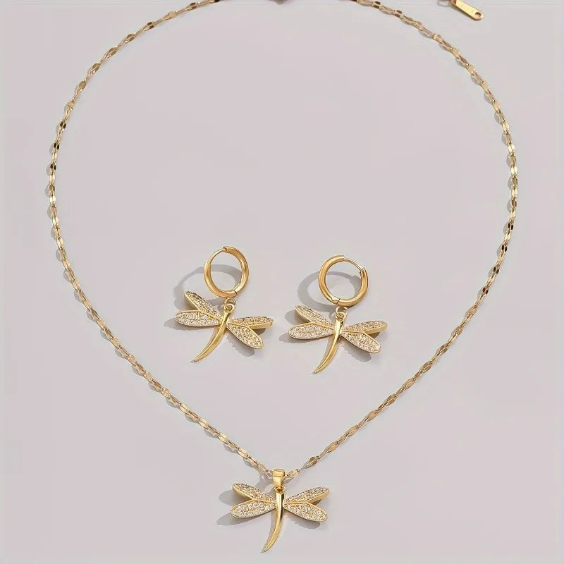 Gold Dragonfly Jewelry Necklace With Bonus Earrings