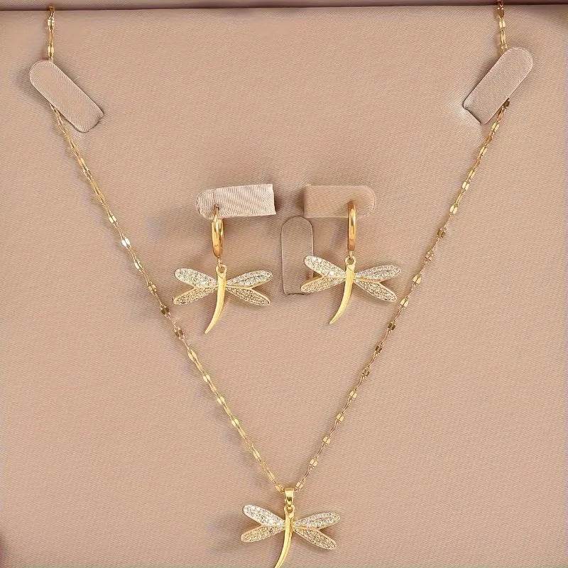 Gold Dragonfly Jewelry Necklace With Bonus Earrings