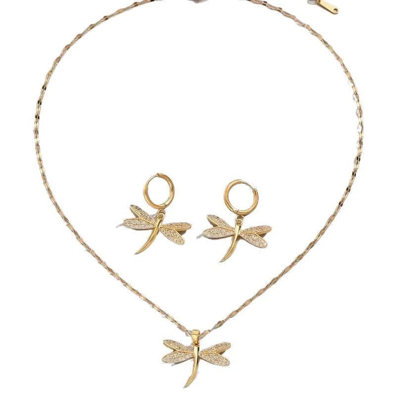 Gold Dragonfly Jewelry Necklace With Bonus Earrings