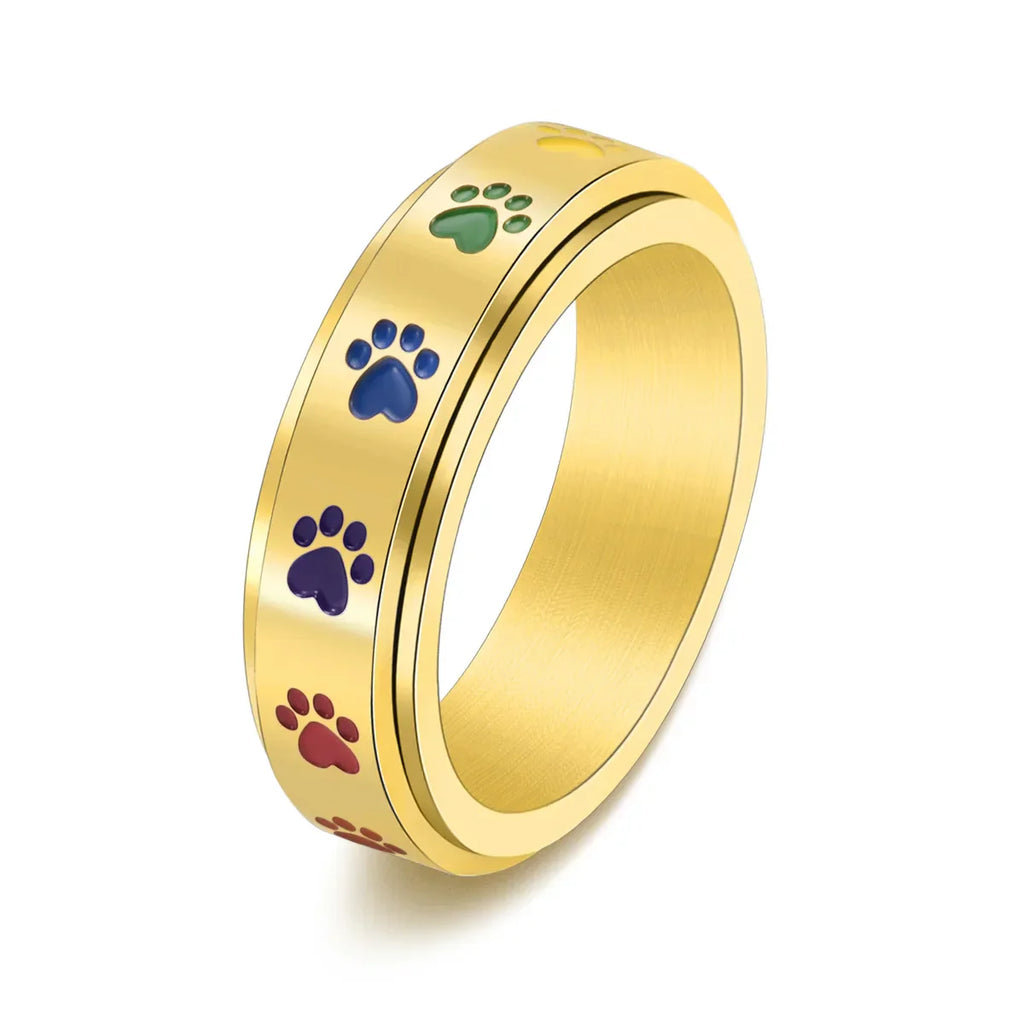 Spinning Stress Reducing Paw Ring – Stainless Steel With Rainbow Paws