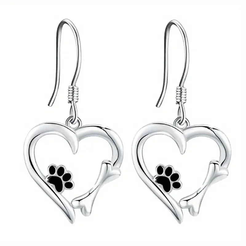 Silver Drop Earrings With Heart & Paw Design