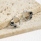 Heart Paw Huggie Earrings With Black Enamel