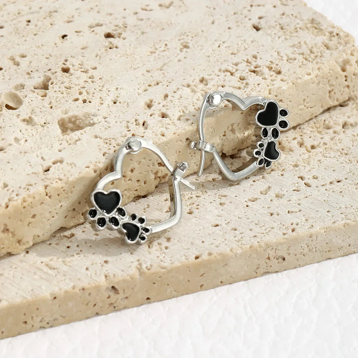 Heart Paw Huggie Earrings With Black Enamel