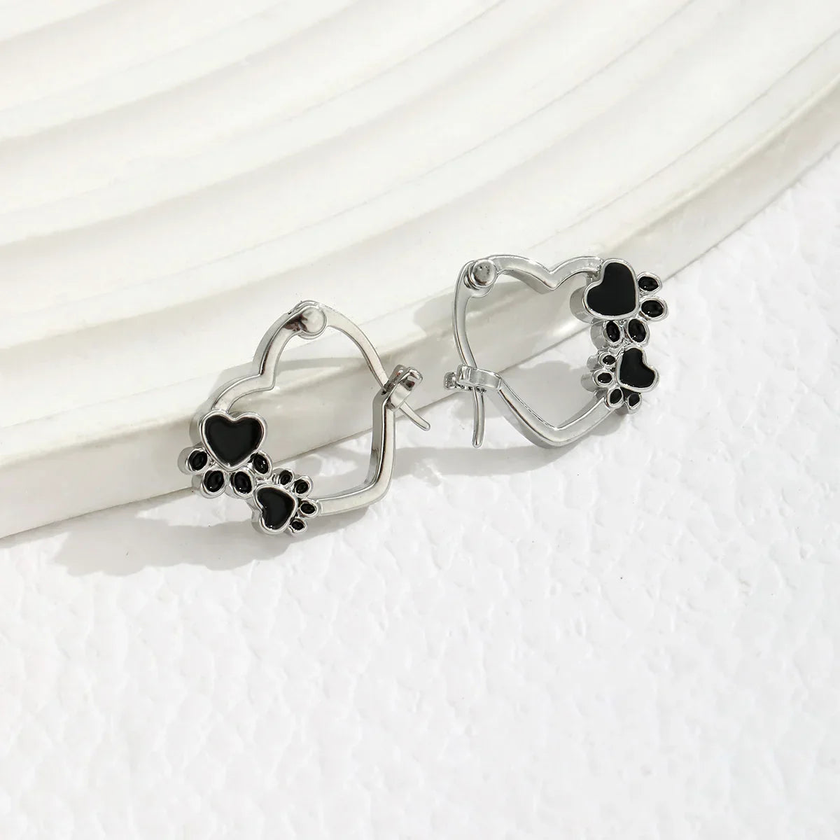 Heart Paw Huggie Earrings With Black Enamel