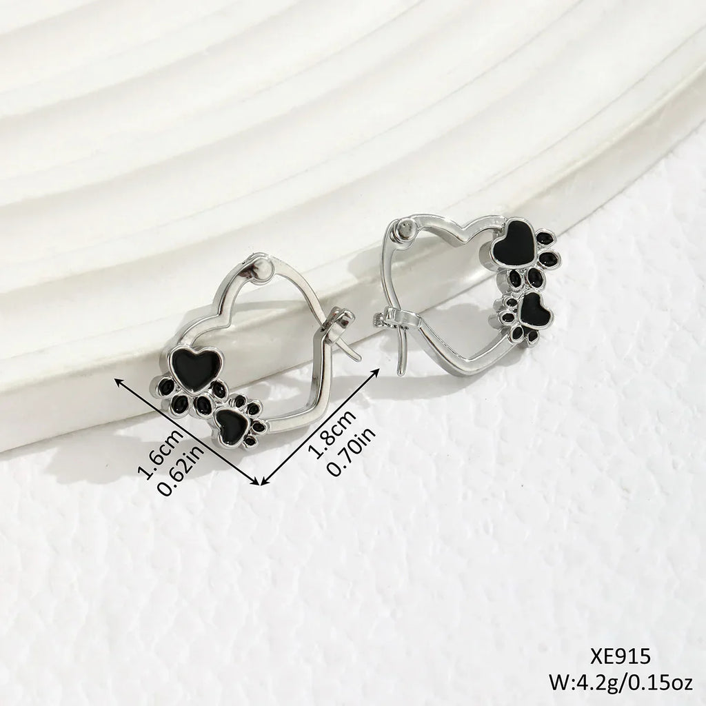 Heart Paw Huggie Earrings With Black Enamel
