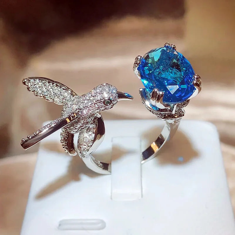 Adjustable Hummingbird Gemstone Ring – Zircon, 14K Gold Plated