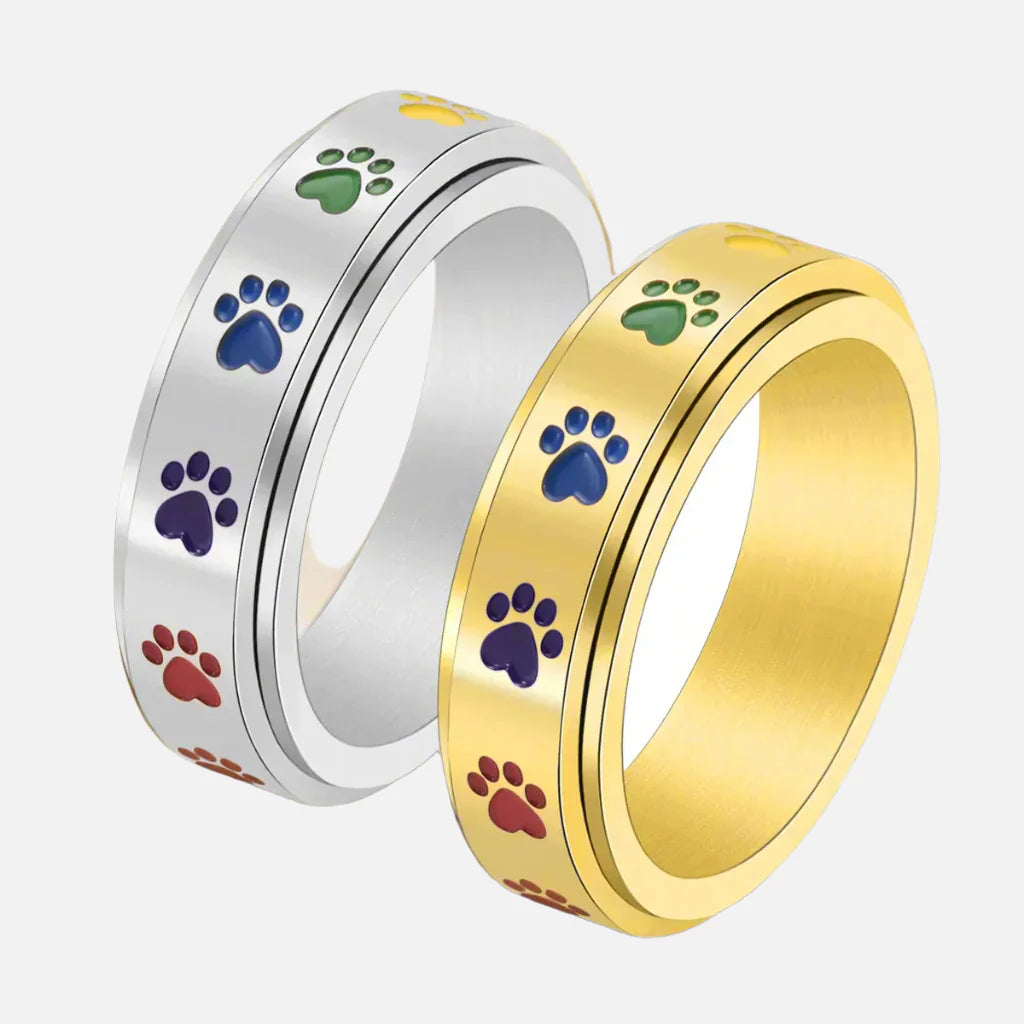 Spinning Stress Reducing Paw Ring – Stainless Steel With Rainbow Paws