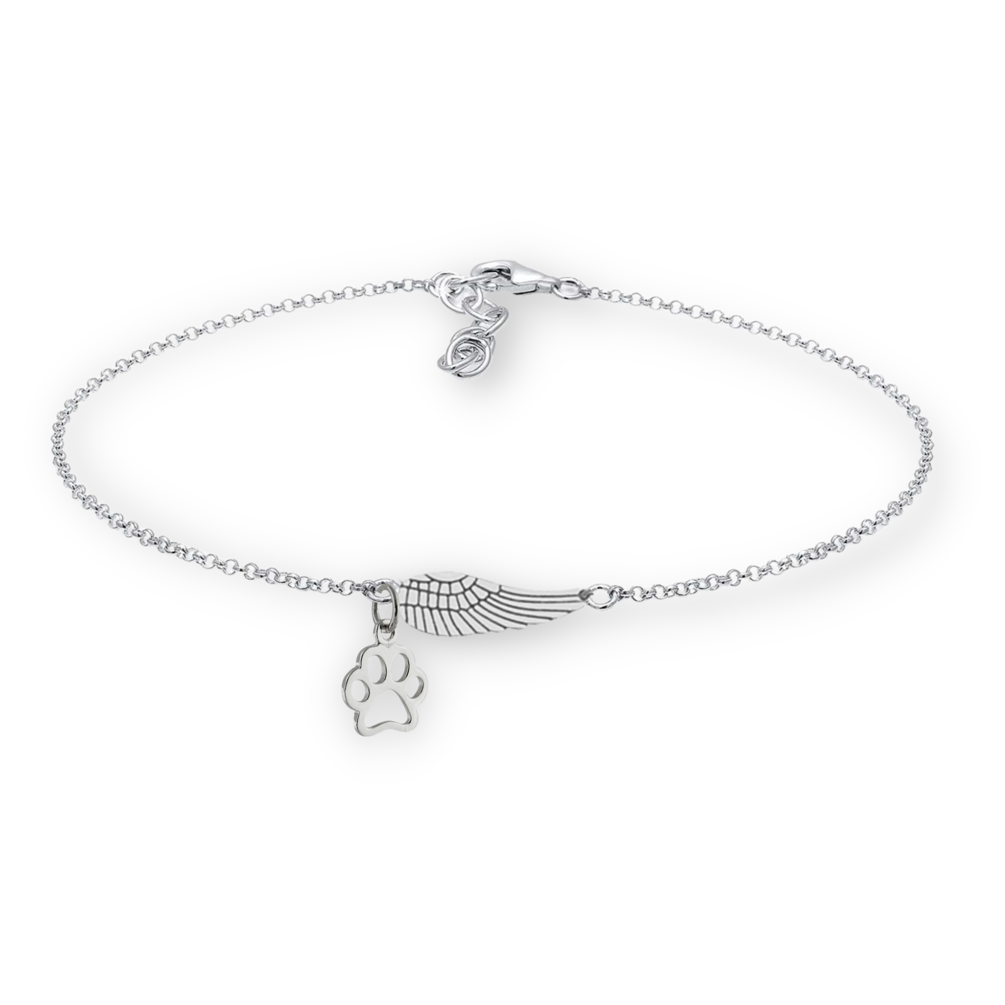 Silver Memorial Bracelet With Angel Wing & Paw Print | Handmade