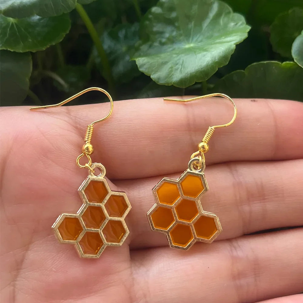 Golden Bee & Honeycomb Crystal Earrings