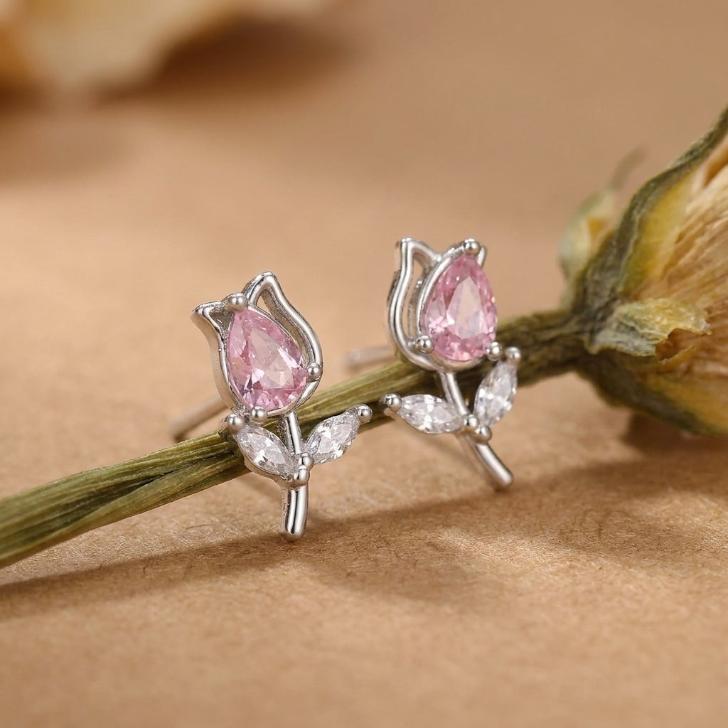 Tulip Flower CZ Stud Earrings