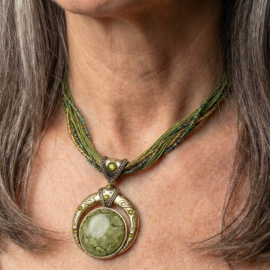 Vintage Ethnic Green Crystal Pendant Necklace