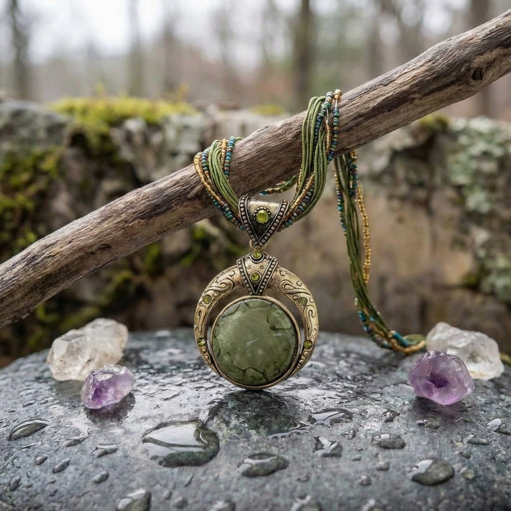 Vintage Ethnic Green Crystal Pendant Necklace