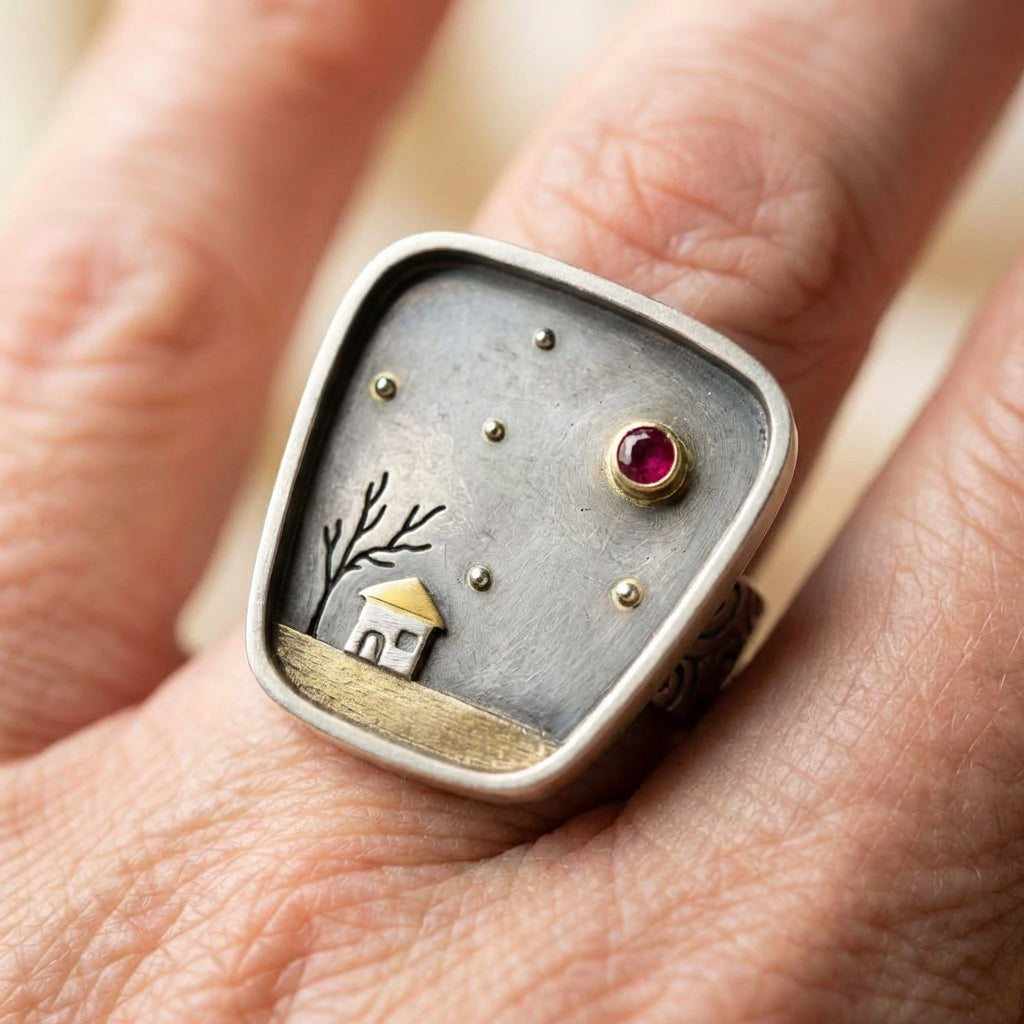 Vintage House Tree Sky Inlay Stone Ring