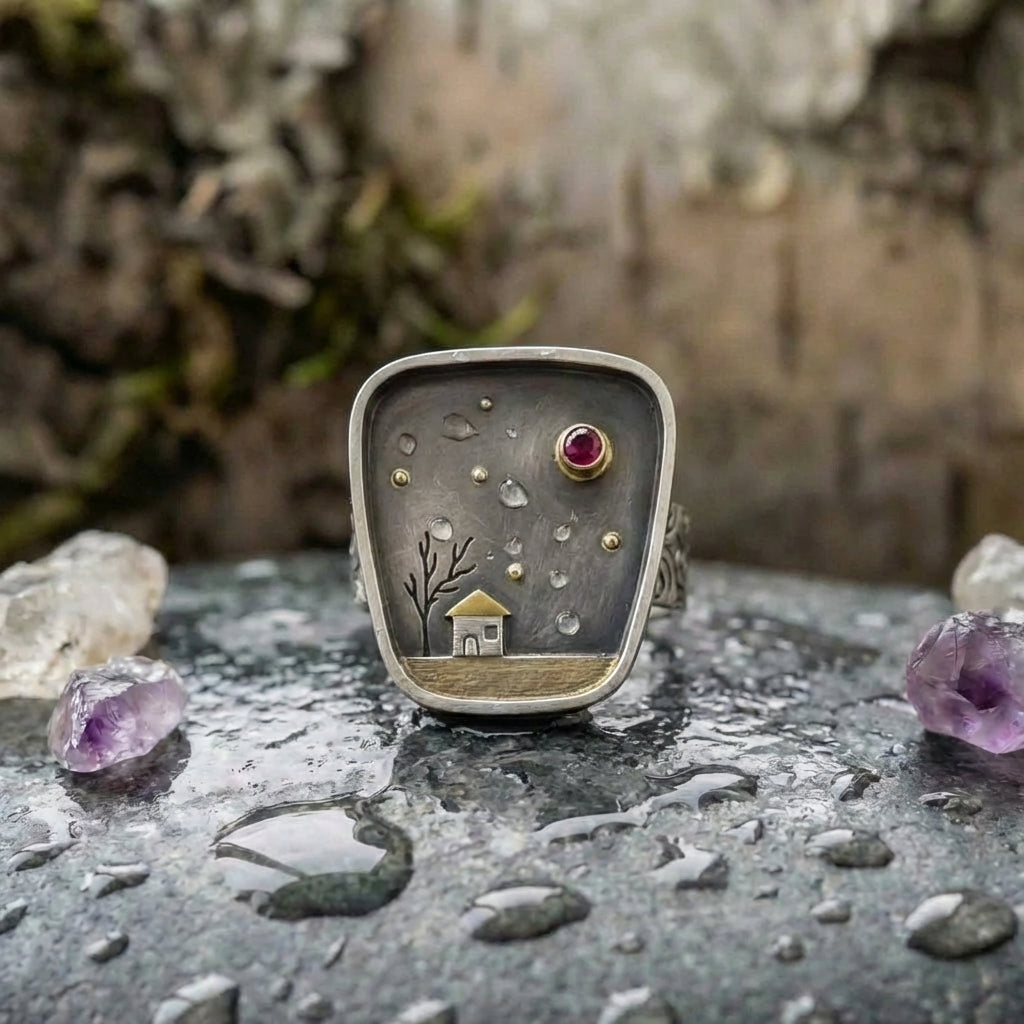 Vintage House Tree Sky Inlay Stone Ring