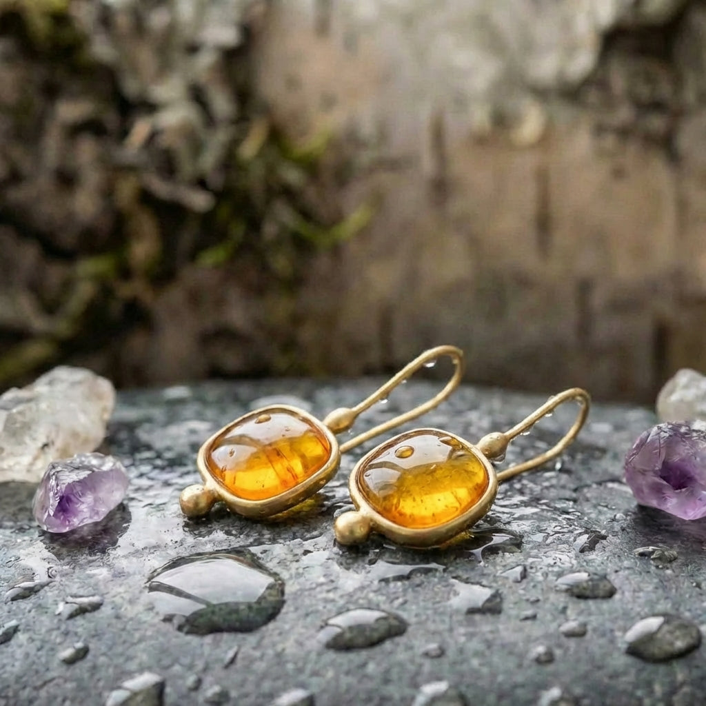 Vintage Orange Glass Gold Earrings