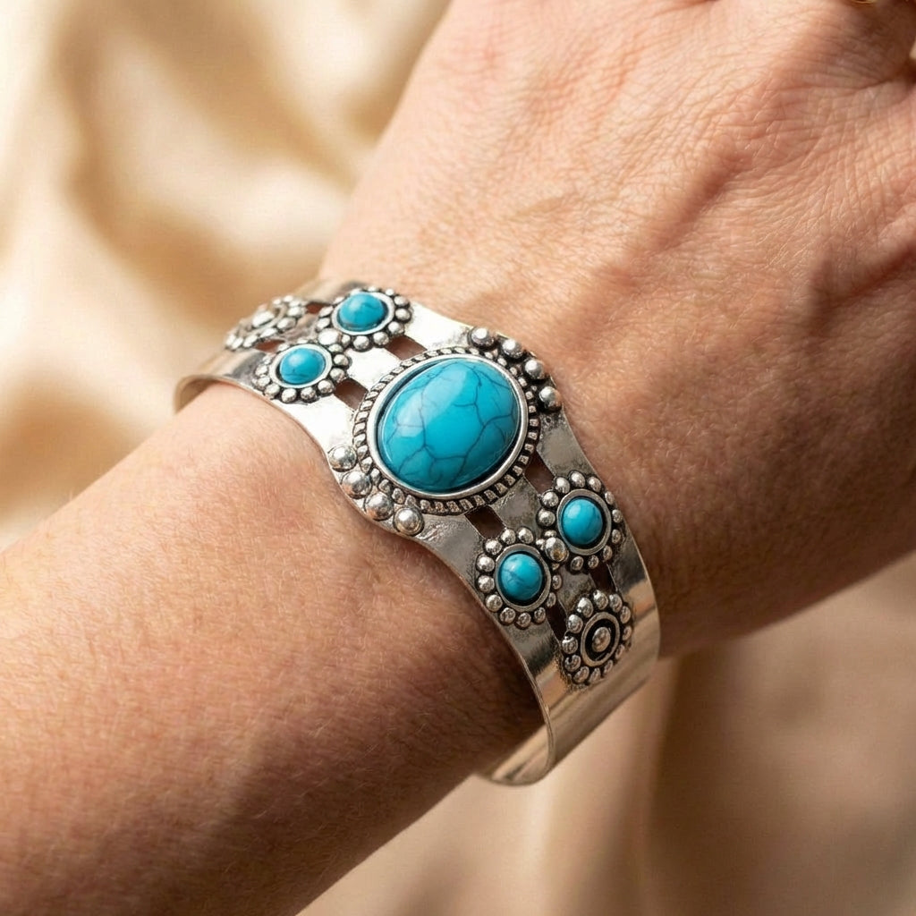 Vintage Silver Turquoise Open Adjustable Bracelet