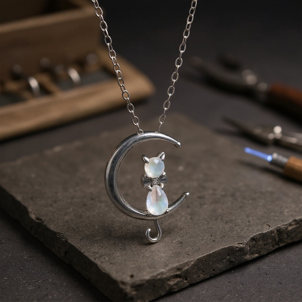 Moonstone Crescent And Cat Necklace