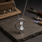 Moonstone Crescent And Cat Necklace