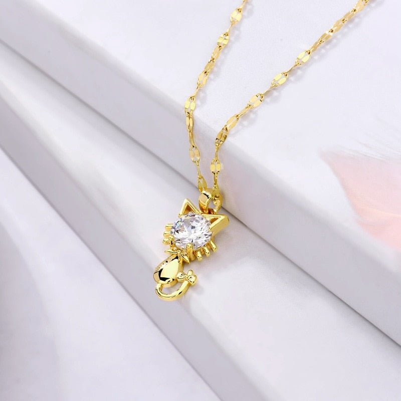 Gold Platted Cat Necklace With Zircon