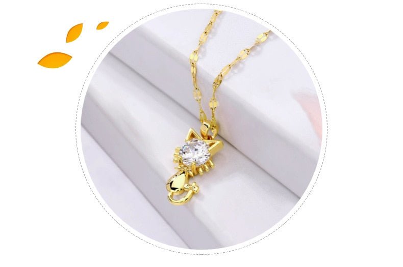 Gold Platted Cat Necklace With Zircon