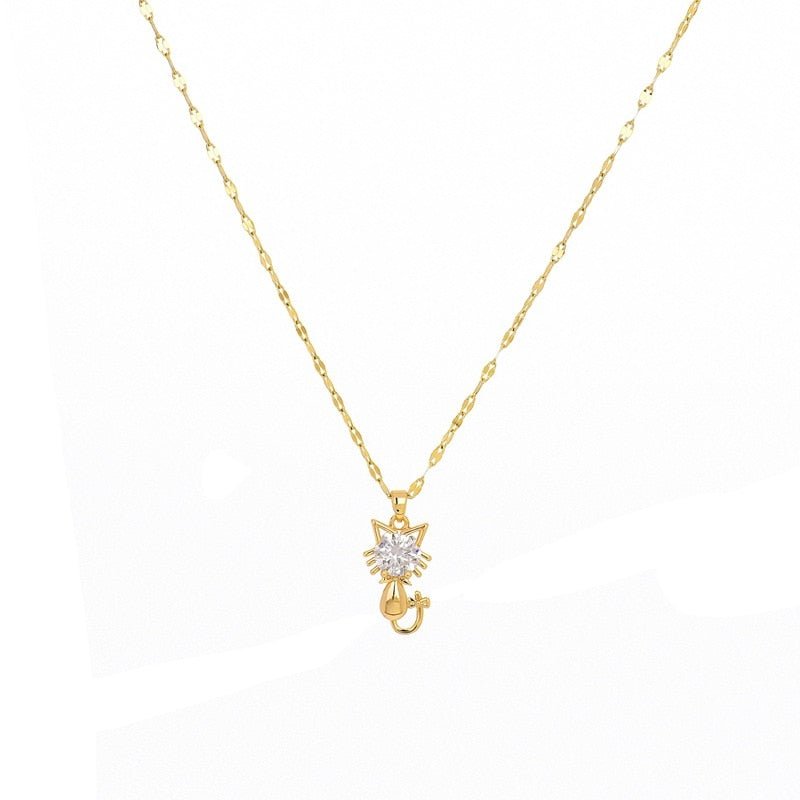 Gold Platted Cat Necklace With Zircon