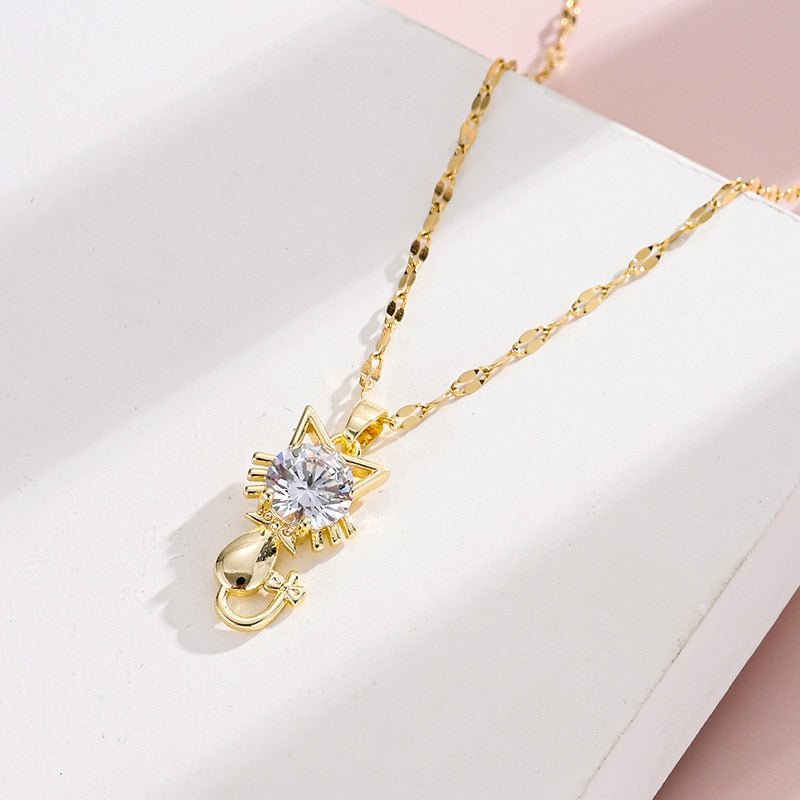 Gold Platted Cat Necklace With Zircon