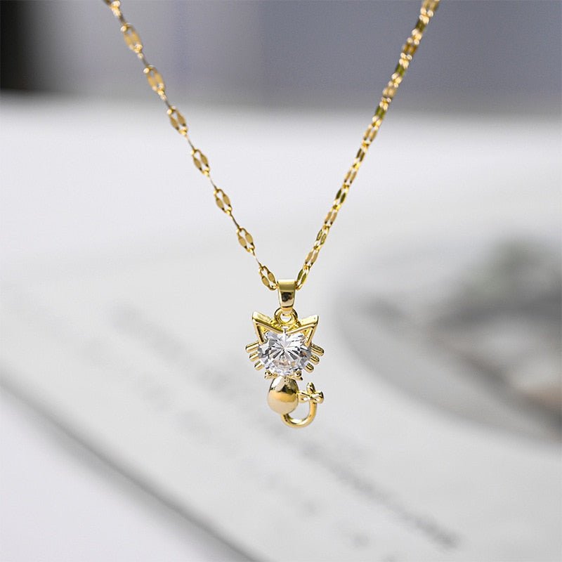 Gold Platted Cat Necklace With Zircon