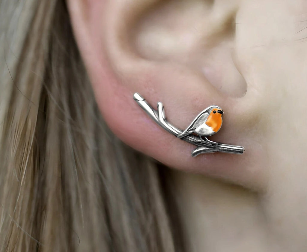 Robin Bird Ear Climbers Orange Enamel