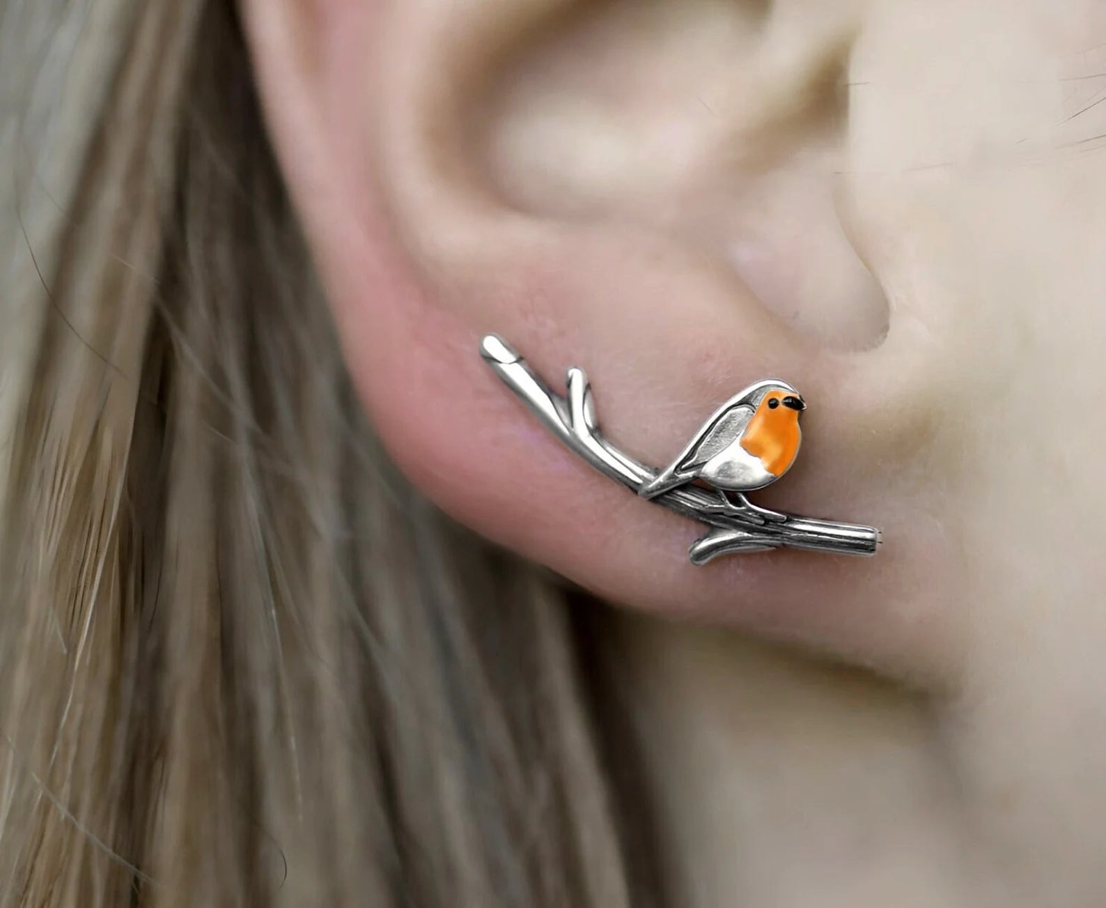 Robin Bird Ear Climbers Orange Enamel